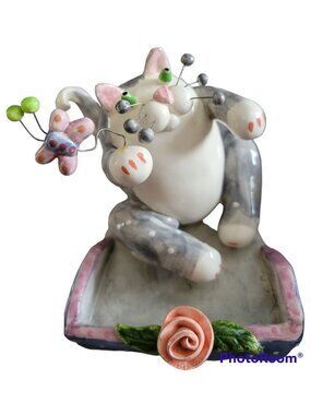 Annaco Amy Lacombe Whimsiclay Ceramic Cat Whiskers Butterfly Rose Tray 2001 Vtg